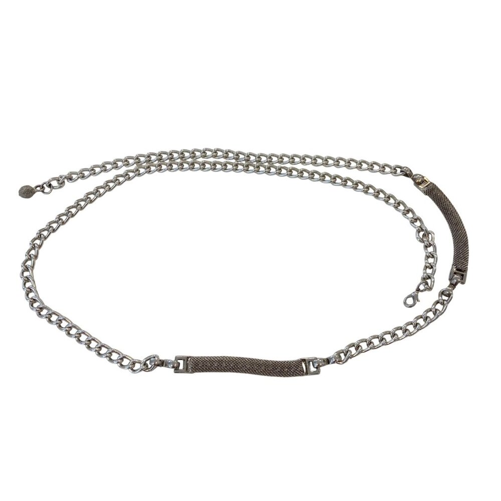 Vintage Adjustable Silver-Tone Chain Belt With Textured Rectangle Bar Accent